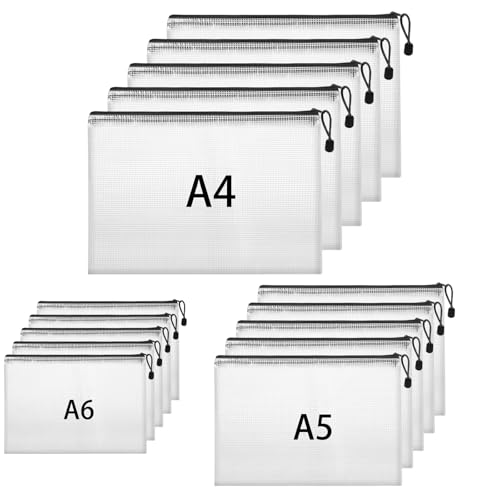 15 Stück Dokumententasche A4+A5+A6 Dokumentenmappe mit Reißverschluss Wasserdichte Reißverschlusstasche Dokumententaschen für Datei Testpapiere Quittungen Kosmetika Schwarz