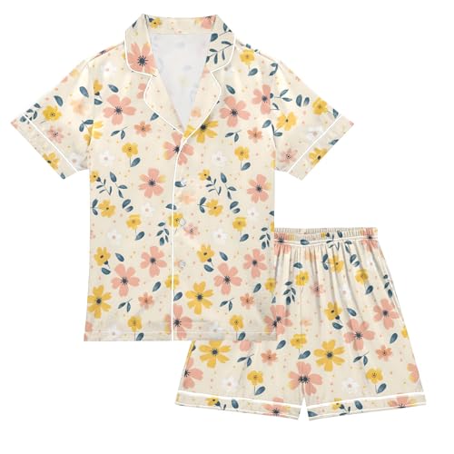 Retro Yellow and Pink Flowers Summer Satin Pajama Set, Cute Button-Down Sleepwear Pj Set for Sleep Wears