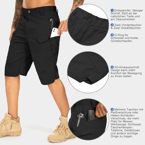 Jogwits Herren Hosen Kurze Sommer Shorts Cargo Hose leichte Schnelltrocken Outdoor Sporthose für Wandern mit Mehrfachtasche Taschen-6223-Black-M