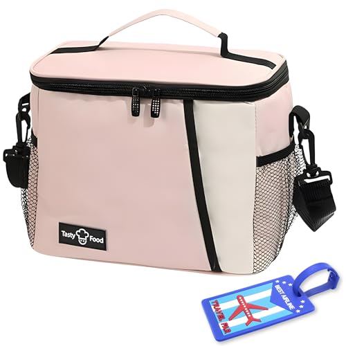 Image of OCEANEVO Insulated Lunch Bag with Luggage Tag, Tiffin Bag for Office with Handle and Shoulder Strap for Men and Women - 25 x 17.5 x 20 Cm - Pink