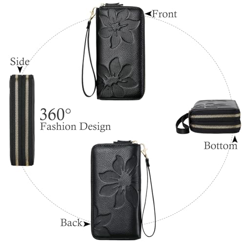 Wallets for Women Wristlet RFID Blocking Genuine Leather Double Zipper Credit Card Holder Large Ladies Clutch Purse3