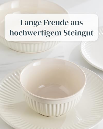 Steingut Geschirrset 6 Personen Hygge 18 tlg. TESTSIEGER, Traumhaftes Skandinavisches Steingut Geschirr Set, Schüssel- und Teller Set, Tafelservice 6 Personen, Geschirrsets Pure Living in Beige