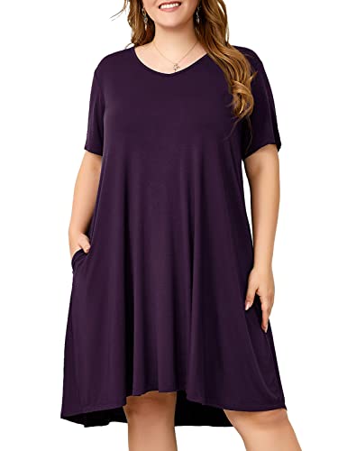Image of OVERWORETY Womens Short Sleeve Plus Size T-Shirt Dress V Neck Casual Loose Swing A-Line Summer Tunic Dresses with Pockets
