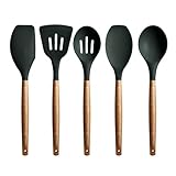 Picture of Miusco Non-Stick Silicone Cooking Utensils Set with Natural Acacia Hard Wood Handle, 5 Piece, High Heat Resistant (Green)