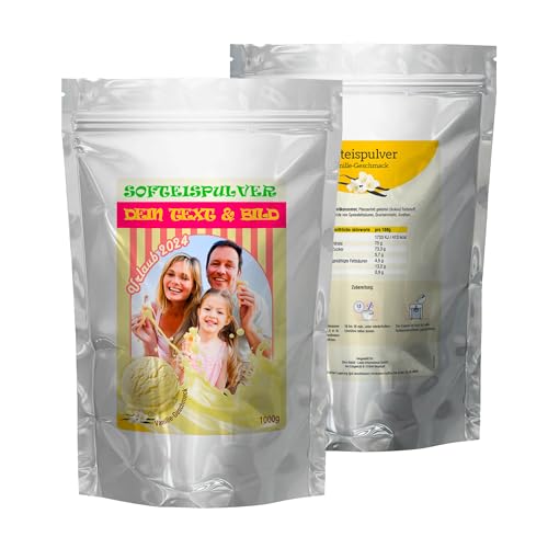 INDIGOS UG - 333g Vanilleeispulver - Vanille - individuell personalisiert mit Foto und Wunschtext - Geschenk - Fotoidee für Softeis Maschine und Kugeleis