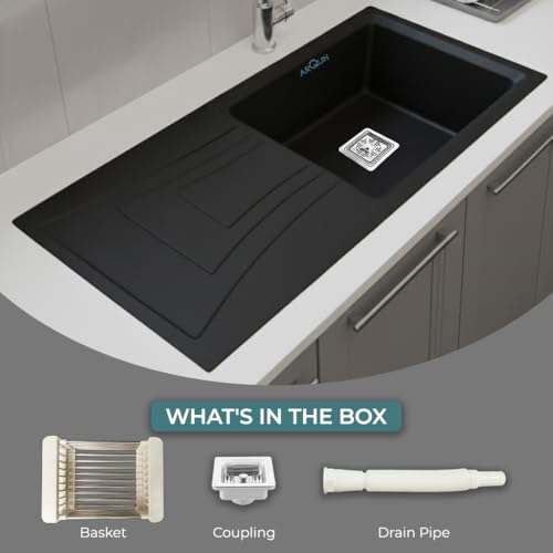 Image of ARQUIN Kitchen Sink 36x18x9 Inch Quartz Sink with Drain Board Black Granite sink for kitchen basin,UV Protected, Undermount | Topmount Including Coupling, Waste Pipe & Strainer Basket