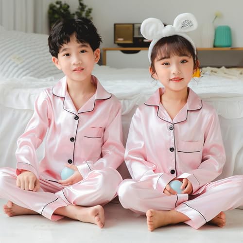 Risipu Silk Pjs Kids Set Long Sleeve Boys Girls Pyjamas Girls Satin Pyjamas Silk Pyjama Kids Soft Lounge Sleepwear (UK, Age, 12 Years, 13 Years, Regular, Pink) - Image 2