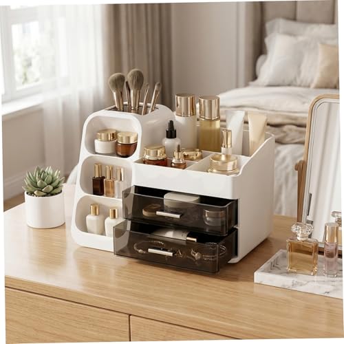 Rangement cosmétique blanc au design épuré et compartiments à 2 niveaux - 3