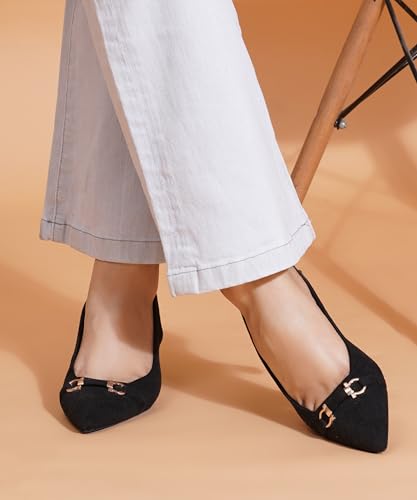 Image of JM LOOKS Women's Sophisticated Pointed Toe Slingback Kitten Heels with Metallic Buckle Accent for Professional and Evening Elegance