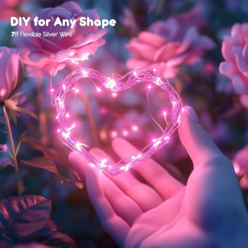Image of Brightown Valentine's Day 12 Pack Pink Led Fairy Lights Battery Operated String Lights Waterproof Silver Wire 7 Feet 20 Led Firefly Starry Moon Lights for DIY Wedding Party Bedroom
