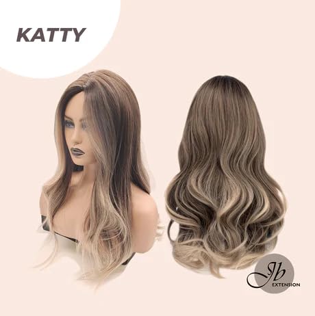 Miniatura 5 de KATTY - Peluca larga y rizada de color marrón oscuro con reflejos ondulados, sin pegamento, pelucas sintéticas naturales para uso diario (pelucas de