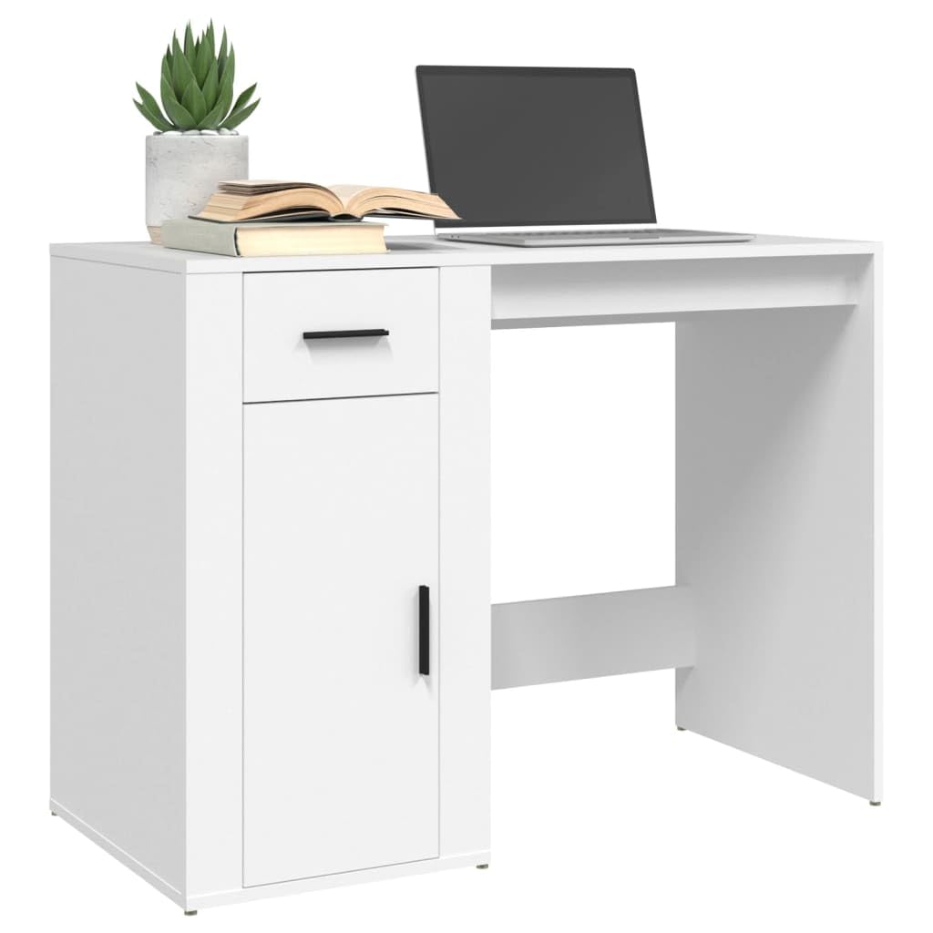 Schreibtisch Weiß Holzwerkstoff 100x49x75 cm mit Schublade und Schrank Stauraum für Homeoffice Arbeitszimmer PC Laptop Sekretär ergonomisch platzsparend vielseitig für Schüler und Gaming