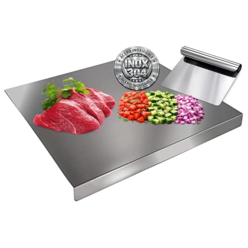 PACK Espátula + Tabla de Cortar Acero Inoxidable 40x30 cm - Higiénico y Antibacteriano - Ideal para Carne, Frutas, Verduras o Amasar - Fácil de Limpiar (PACK TABLA + ESPÁTULA)