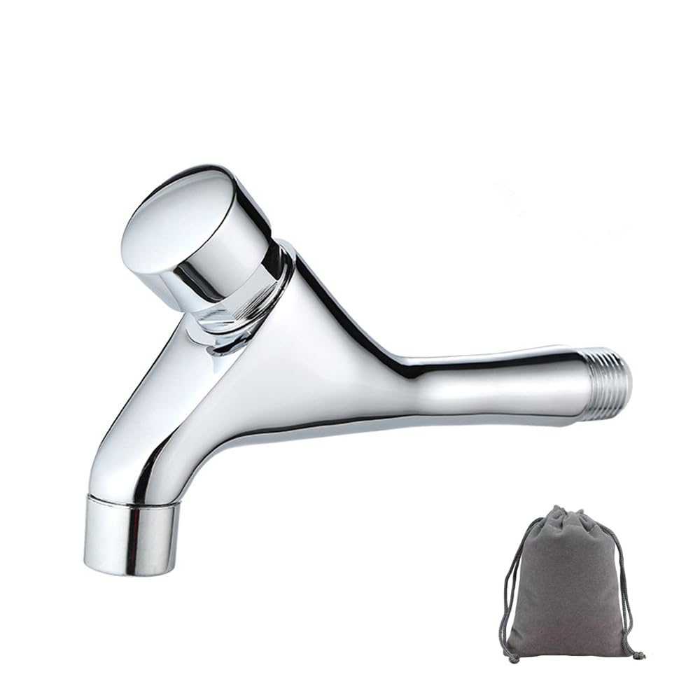 Wall-Mounted One Hole Auto Closing Water Saver Cold Tap Copper Public Lavatory Press Delay Faucet Ktchen Bathroom Garden Patio Sink Faucets, Polished Chrome