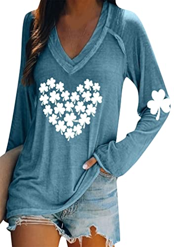 Image of BOFETA Women St Patricks Day Sweatshirts Loose Long Sleeve Shirts Green Shamrock Print Blouse Flowy Color Block Pullover Tops
