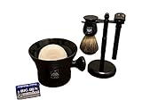 G.B.S Men's Shaving Set- Butterfly Open Double Edge Razor, Badger Shave Brush with dual stand, Ceramic Soap Mug with Knob Handle, Natural Shave Soap, 10 Replacement Razor Blades
