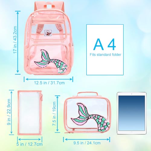 Image of AGSDON 3PCS Clear Backpack for Girls, Kids Mermaid Transparent Backpack with Heavy Duty PVC, See Through Backpacks with Lunch Bag-Pink