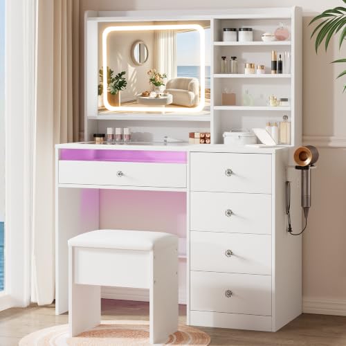 Image of LIVELYGLOW 39.4 inch White Vanity Desk Set with Glass Desktop & RGB Light Strip | Smart LED Mirror, Charging Station, Cushioned Stool, Hairdryer Rack, 4 Drawers