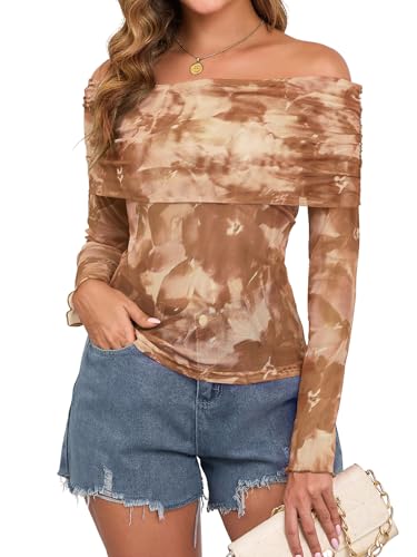 Image of ZAFUL Women's Sexy Off The Shoulder Mesh Tops Sheer Stretchy Shirts Party Going Out Blouse