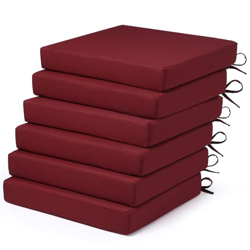 Outdoor Chair Cushions Set of 6 Fade Water Resistant, Patio Furniture Cushions with Non-Slip Ties,Square Cushions for Outdoor Furniture and Lawn Dining Chairs, 18.5 x 16 x 3, Burgundy