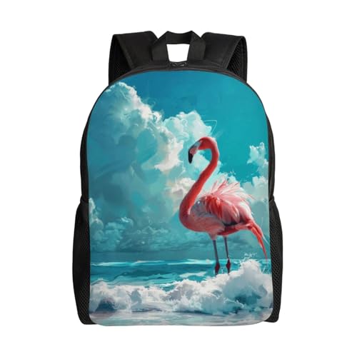 High Capacity Pink Flamingo On A Tropical Beach Backpack Large Multipurpose Bag Double Zipper Backpack Unisex 16 Inch