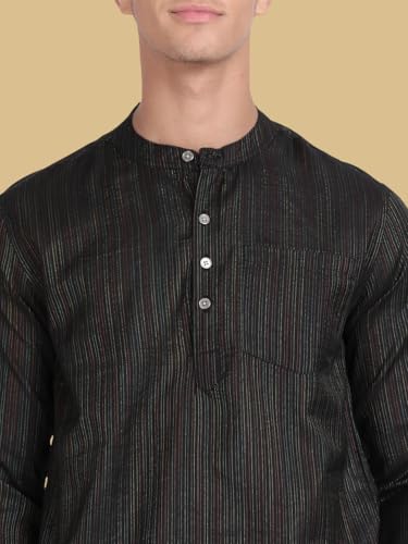 Image of KRYPTIC Men's Full Sleeve Regular Fit Short Kurta in Premium Pure Cotton with Patch Pocket and Mandarin Collar - Perfect Blend of Style and Comfort