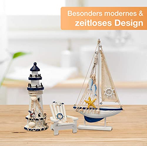 Flanacom Badezimmer Deko - 3er Set - Maritime Badezimmer Deko - Leuchtturm, Segel-Schiff und Strand-Stuhl aus Holz - Badaccessoires - Schöne Deko für das Bad - Design 1