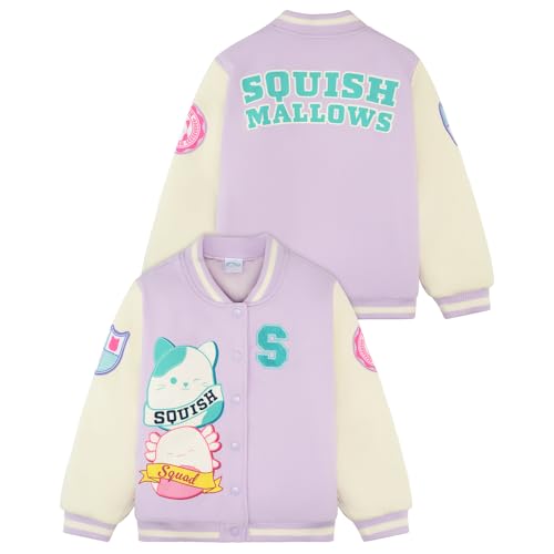 Squishmallows Girls Varsity Jacket Kids Bomber Jacket with Popper Buttons & Pockets Purple Character Jacket for Girls Age 5-6 to 11-12 Years (UK Age 11 Years 12 Years Regular)