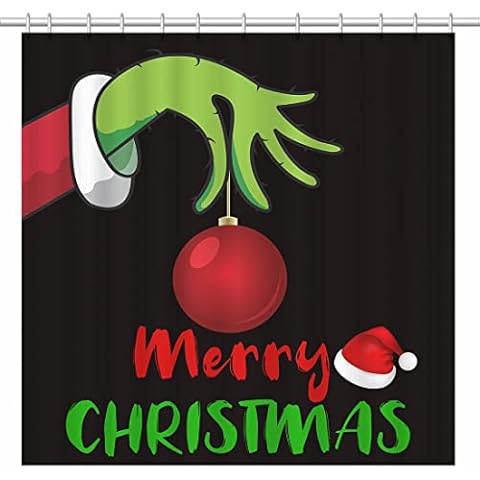 SHENGJUN Merry Christmas Shower Curtain, Winter Green Xmas Kids Bath Bathroom Curtains, Red Santa Hat Happy New Year Eve Holiday Decors, 72x72 Home Fabric Waterproof Shower Curtain Set with 12 Hooks Cover