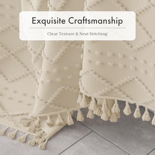 Image of AmazerBath Boho Farmhouse Shower Curtain with Tassels, Soft Cloth Chevron Beige Shower Curtain Set, Fabric Diamond Stripes Rustic Shower Curtain with Hooks, Hotel Quality, 72x72 Inches