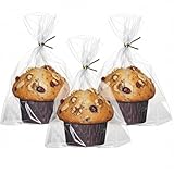 JCXGRVC 100 Pack 6'x7'x2.4' Cellophane Muffin Packaging with Gold Twist Ties Pro Grade Flat Bottom Design for Macarons Cupcakes Chocolate Treats Cookies Strawberries Reusable Resealable Bakery Bag