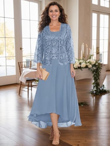 Tea Length Mother of The Bride Dresses with Jacket Floral Lace 2 PCs Formal Evening Gowns for Wedding Guest4