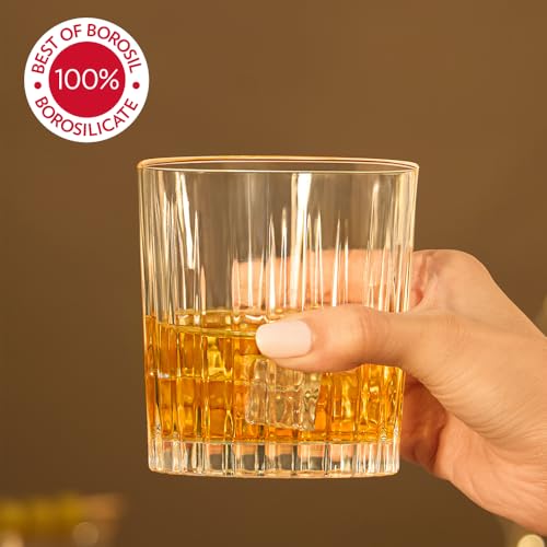 Image of Borosil 300ml 6pc Charm Whiskey Glass Set | Made in India Borosilicate Glass Premium Bar Tumbler for Drinking Bourbon, Scotch, Cognac, Cocktails, Juice etc. | Heavy Base, Transparent