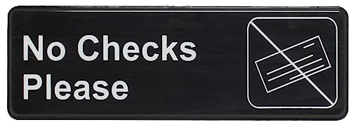 Thunder Group PLIS9317BK Information Symbol Sign, 9" x 3", "No Checks Please", self-Adhesive Backing, White Lettering on Black Background, Pack of 12