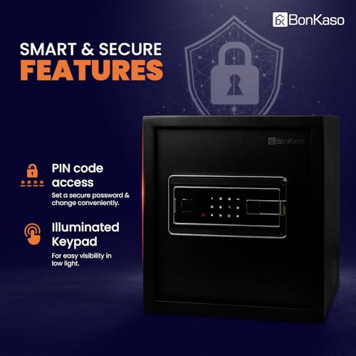 Image of BonKaso Safe Locker For Home, 33 Litres Locker Box For Money, Jewellery, Digital Electronic Safe Locker For Home & Office With Auto lock Function, Anti Theft Alarm And LED Display (Black)