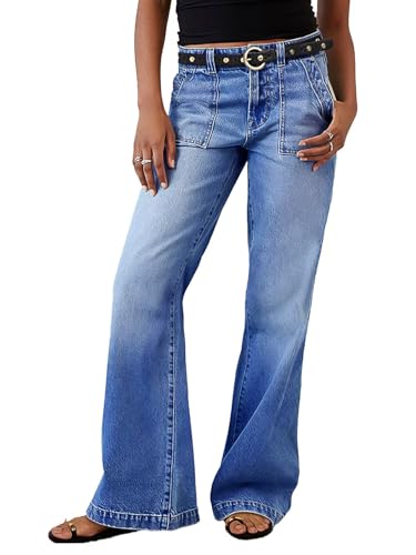 Flamingals Women’s Mid Rise Straight Leg Jeans Stretchy Baggy Boyfriend Wash Denim Jeans Without Belt