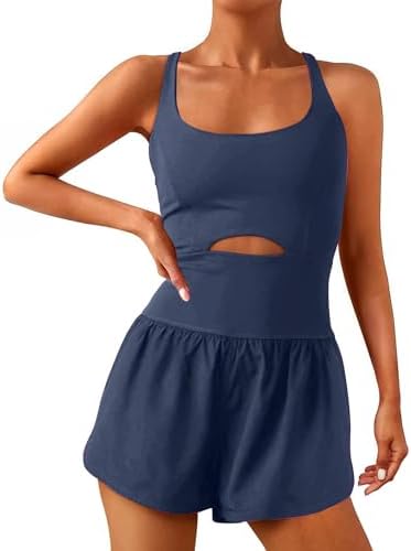 Wenlia Womens Running Onesie Workout Rompers Padded BraOne Piece Outfits Exercise Jumpsuits Gym Yoga Onesie Clothes, Navy Blue