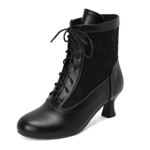 Women's Leather Lace up Victorian Kitten Heel Ankle Boots Comfortable Round Toe Embroidered Breathable Non Slip Vintage Booties for Party Prom Evening Witch Boots