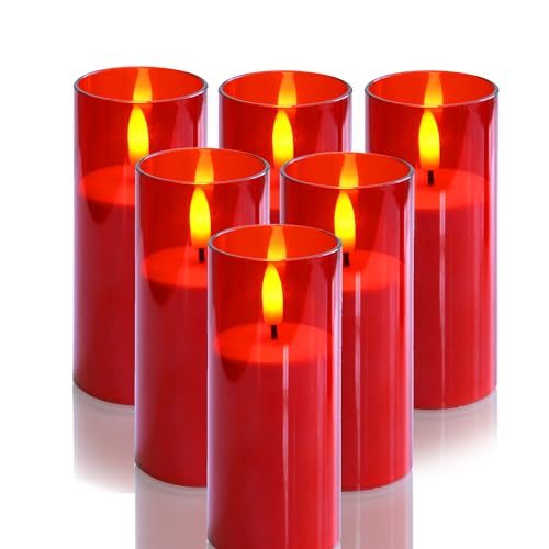 Image of CANDLE CHOICE Indoor Outdoor Flameless Candles with Timer Waterproof Realistic Flickering Battery Operated Pillar LED Lights with Acrylic Shell Wedding Party Christmas Decorations 6 Pack 2 inchx5 inch Red