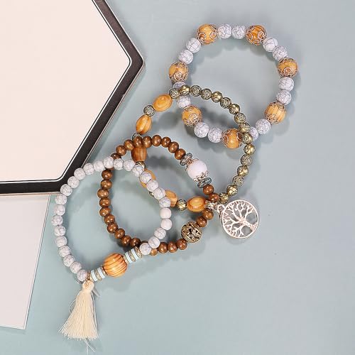 SHUBEIEUMI Boho Holzperlen Armband, 4 Stück Boho Quaste Armband für Damen, Frauen Baum des Lebens Charm Statement Armreifen, Kristall Perle