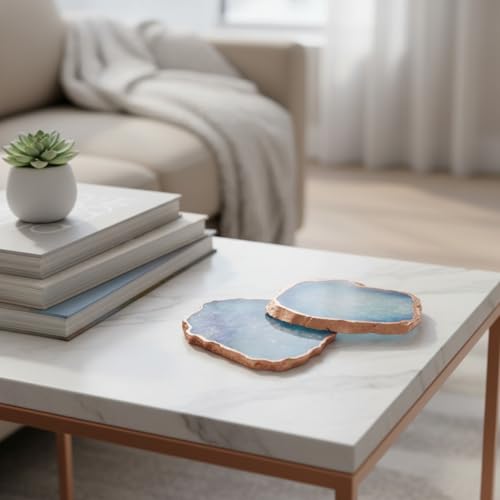 Image of Pack of 2 Agate Stone Rose Gold Plated Coaster | Tea Coaster for Dining Table | Coasters for Cups Set | Dining Table Decorative Item for Table | Vintage Handmade Coasters | Blue
