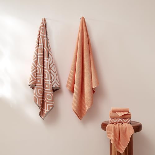 Image of Modern Threads 6 Piece Bath Towel Set Bathroom Set w / 2 Bath Towels, 2 Hand Towels, & 2 Wash Cloths 100% Cotton, Super Absorbent & Extra Soft Reversible Classic Diamond (Rust Orange) 1 Set (Pack of 8)