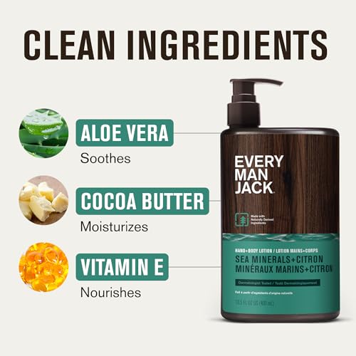 Image of Every Man Jack Hand & Body Lotion for Men, Sea Minerals Citron, 2pk | Nourishes & Moisturizes Dry Skin, Fast-Absorbing Lightweight, Plant Based Cocoa Butter, Dermatologist Tested, All Skin Types