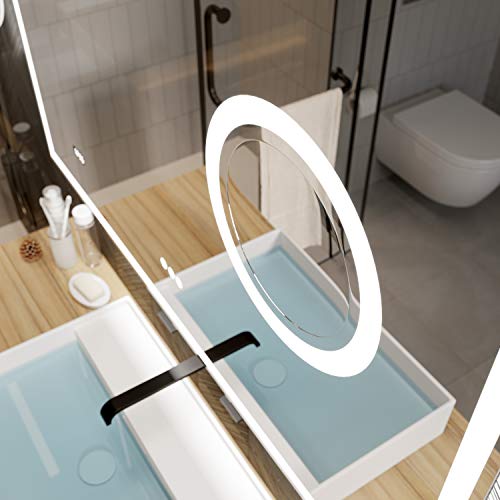 PetusHouse 48 X 36 Inch LED Lighted Smart Bathroom Mirror, Bluetooth Speaker and 5.5 Inch 3X Lighted Magnifier, Wall Mounted White Light Backlit Dimmable Anti-Fog Time Display CRI>90, Horizontally