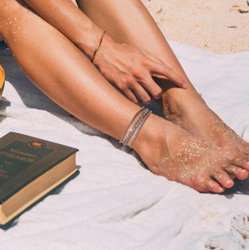 Image of Silver Ankle Bracelets for Women Waterproof Stainless Steel Anklet Adjustable Layered Cuban Silver Anklets Set Summer Beach Foot Jewelry Gift
