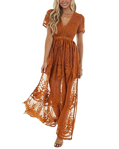 Image of LRISES Womens V Neck Floral Embroidered Lace Wedding Maxi Dress Boho Short Sleeve Slit Bridesmaid Evening Party Dresses