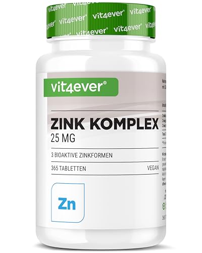 Zinc Complex 25mg - 365 Comprimidos - Con 3 formas bioactivas de zinc - Suministro para 1 año - Altamente dosificado - Vegano