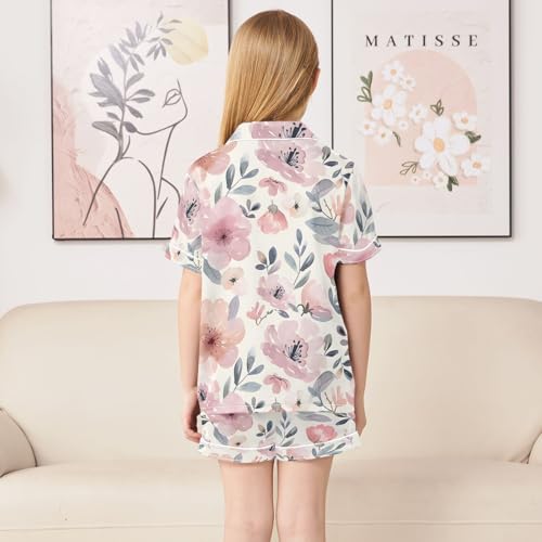 ALAZA Sweet Flower Watercolor Leaves Pajamas Satin Pajama Set Short Sleeve Button Down Sleepwear4