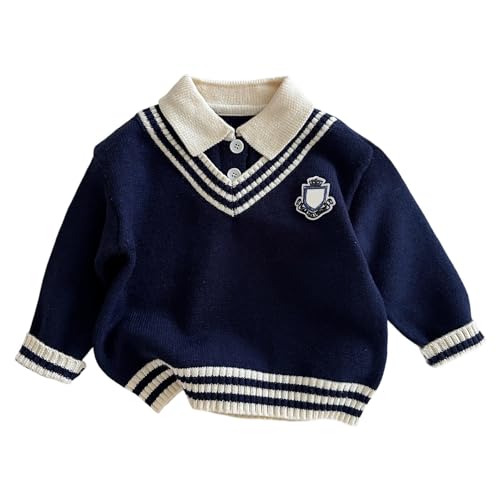 Kids Collar Striped Trim Knit Sweater Boys Girls Uniform Long Sleeve Embroidery Pullover Sweaters Preppy Knit Shirts(Grey, 5-6 Years)