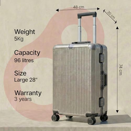 Image of Vertica Hard PC Trolley Luggage, Large Size, 100% Polycarbonate, Lightweight and Durable, Silent Wheels, Anti-Theft with Aluminium Frame, and 2 TSA Locks, 28-Inch, Granite Haze
